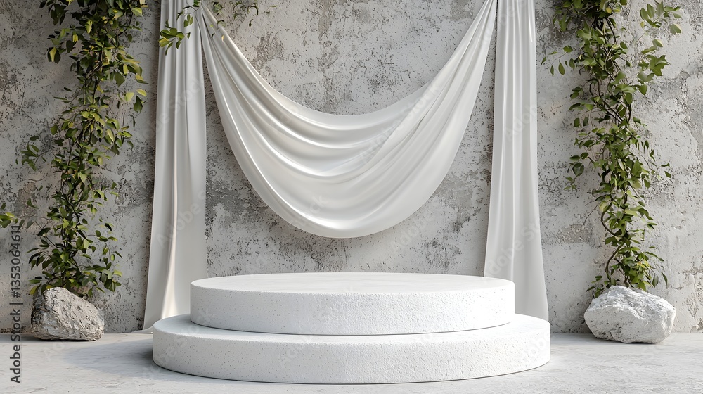Poster bright white table complemented by soft curtain creating a serene and tranquil atmosphere in a styli