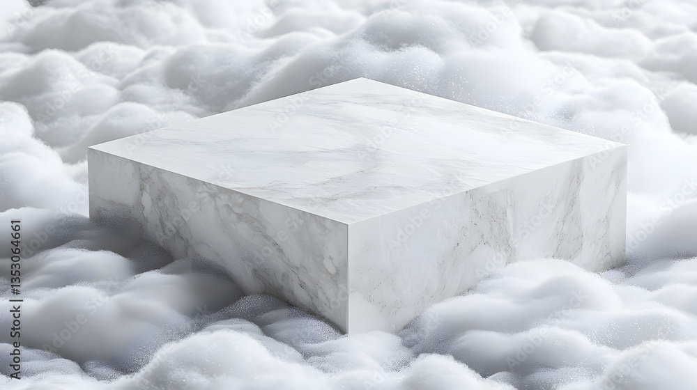 Poster white cube floating in a blue sky surrounded by soft clouds creating a dreamlike and ethereal atmosp