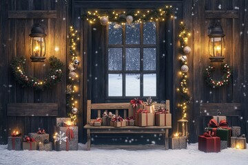 Cozy winter scene with presents and festive decorations in snow