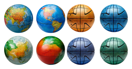 Colorful globes of the world showing diverse continents and textures, isolated on transparent background