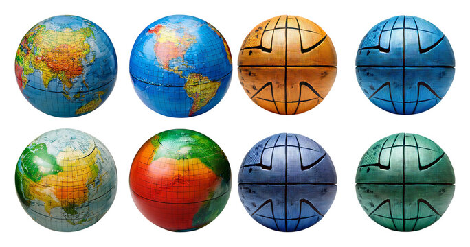 Colorful globes of the world showing diverse continents and textures, isolated on transparent background