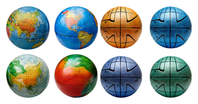 Colorful globes of the world showing diverse continents and textures, isolated on transparent background