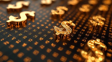 Golden dollar signs on a dark grid background.