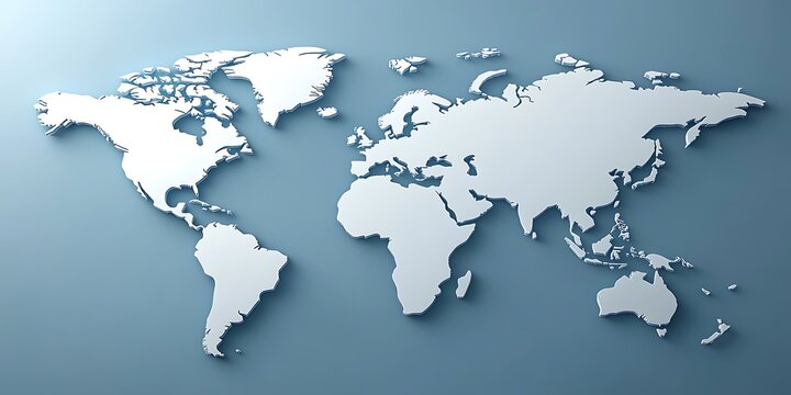 A white three dimensional rendering of the world map on blue