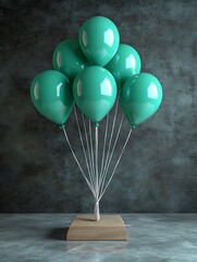 A collection of teal balloons resting on a wooden base
