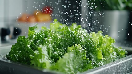 Fresh lettuce being rinsed under water in a kitchen sink