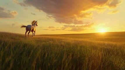 horse running on the grassland in a bright sunny day, green grass