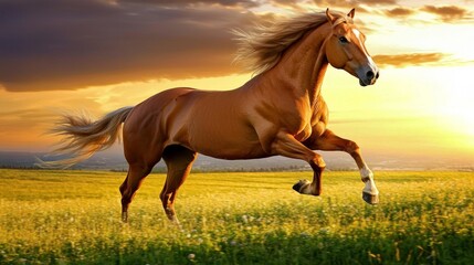 Obraz premium horse running on the grassland in a bright sunny day, green grass