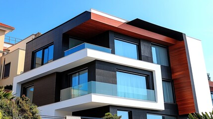 Modern multi-level home with contrasting wood, stone, and white panels