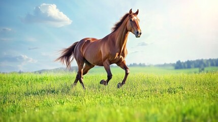 Fototapeta premium horse running on the grassland in a bright sunny day, green grass