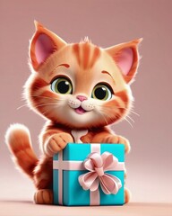 Kitten with a gift box, digital art, 3D design, illustration, celebration, commercial