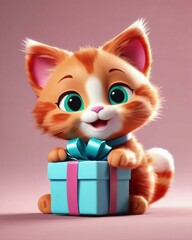 Kitten with a gift box, digital art, 3D design, illustration, celebration, commercial