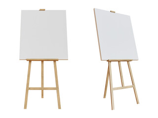 Empty canvas template on a wooden easel isolated on transparent background. 3D render. 3D illustration.