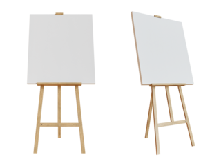 Empty canvas template on a wooden easel isolated on transparent background. 3D render. 3D illustration.