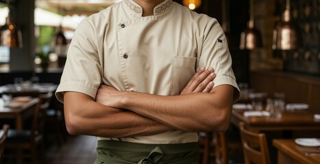 Confident chef stands proudly in restaurant arms crossed over his chest