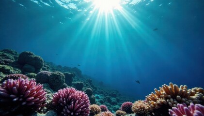 Fototapeta premium Dark blue ocean surface, coral reef in the foreground, sunlight filtering down , ocean, coral
