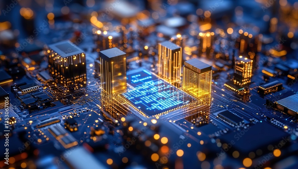 Poster glowing golden circuit board with blue data streams