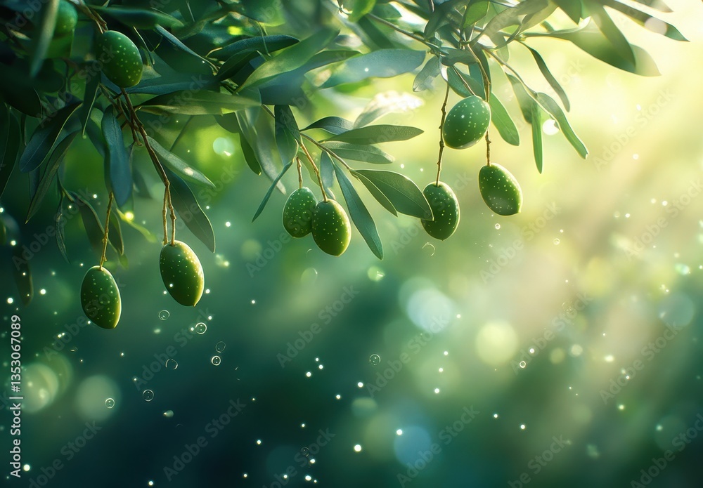 Poster fresh green olive fruits hanging from lush green branches in a sunlit natural setting with soft back