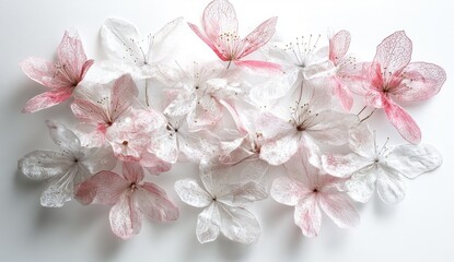 Delicate, pastel-hued blossoms arranged artfully on a white background.  Soft pink and white petals create a delicate floral display