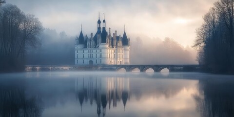 Fototapeta premium Fairytale castle reflecting on the water surface during a misty sunrise