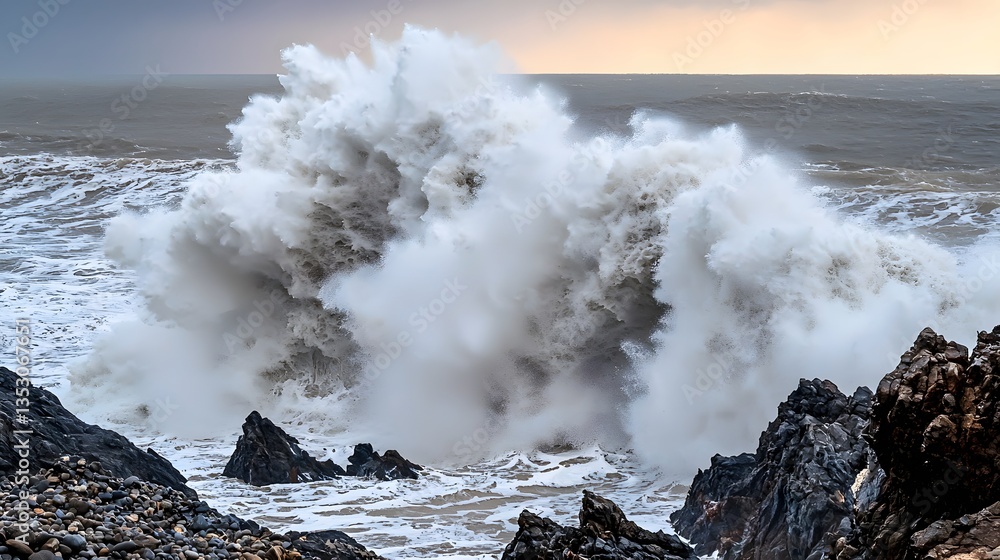 Poster powerful wave crashing over rocky shore creating dynamic patterns of foam and water in a dramatic co