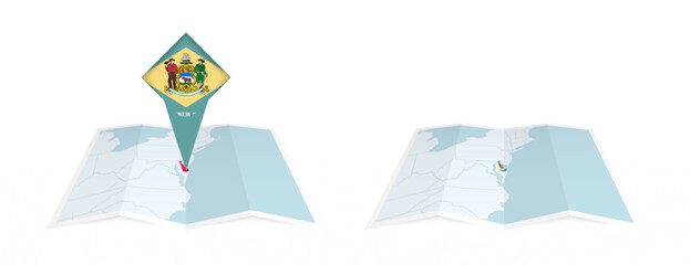 Two versions of an Delaware folded map, one with a pinned country flag and one with a flag in the map contour. Template for both print and online design.