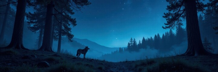 Fototapeta premium Dark forest under starry sky with wolf's haunting cry, moonlight, wilderness