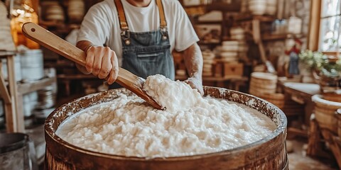 Artisan Making Cheese in Wooden Vat.