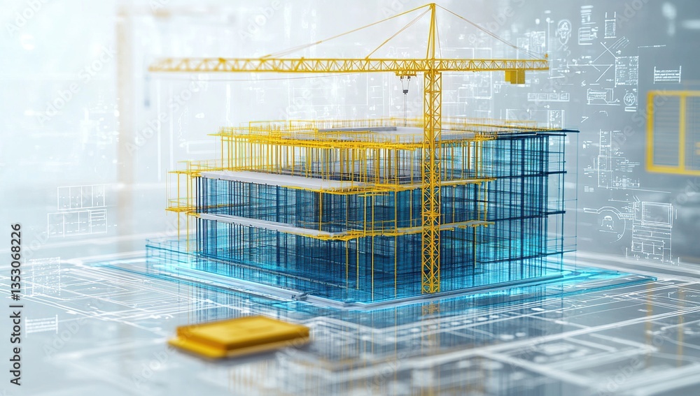 Poster digital building model with crane and blueprints