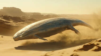Majestic creature leaps through desert sand dunes; fantastical creature, desert landscape