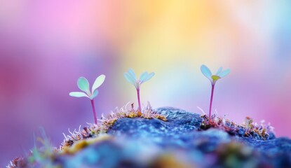 Tiny sprouts on rock, vibrant pastel background, growth, hope
