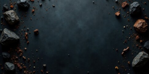 Fototapeta premium Dark textured black grunge background with scattered industrial debris, decay, rust, industrial