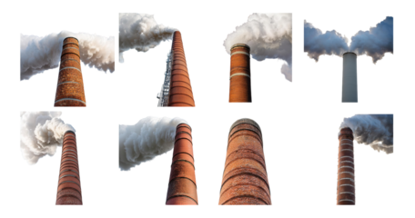 Various Industrial Chimneys Emitting Smoke Against Blue Sky, PNG bundle collection, Isolated on Transparent Background