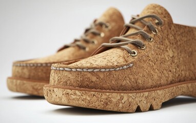 A close-up shot of сork shoes. Sustainable fashion eco-friendly shoes made from plant-based materials with a minimalist design