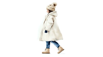 Young Asian girl in cream winter coat and blue jeans walking sideways, wearing beige boots and warm hat. Isolated figure on white background for design use.