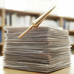 Gold paperweight on high stack of papers in office