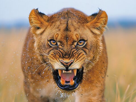 A ferocious lioness reveals its teeth in an aggressive display - Powered by Adobe