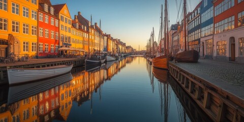 Fototapeta premium Nyhavn reflecting in the canal at sunrise, copenhagen, denmark