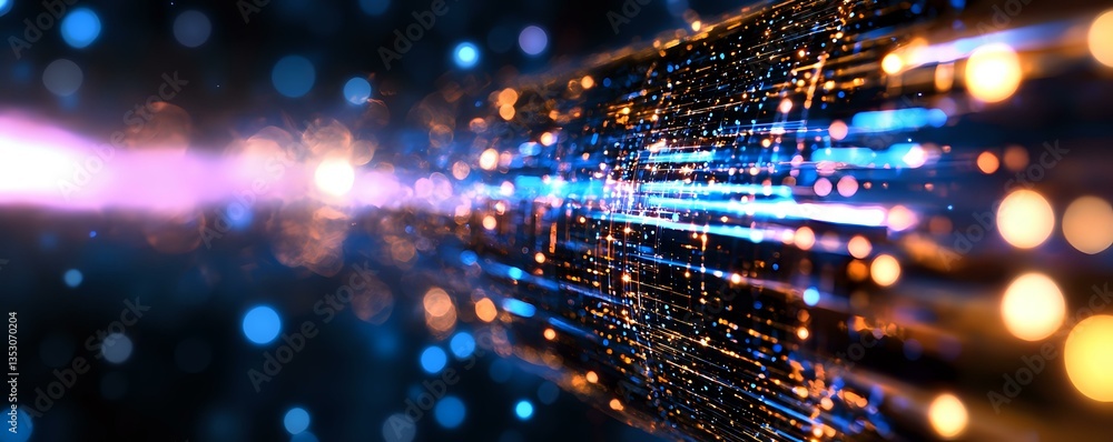 Poster abstract technology background with glowing blue and orange light particles streaming through dark s