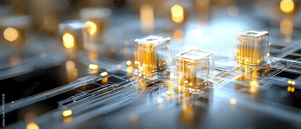 Poster glowing microchip components on circuit board with golden light effects and bokeh, futuristic techno