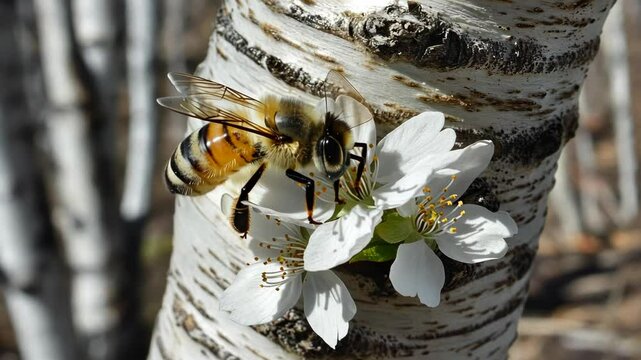 Bee pollinating a white flower on a tree trunk in a vibrant natural environment during spring