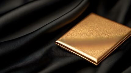 Elegant golden metallic business card holder on black silk fabric background with dramatic lighting and luxurious reflective surface texture.