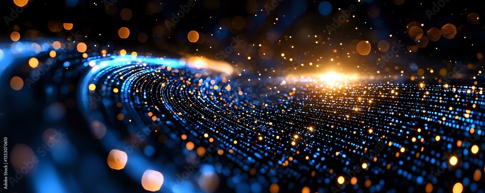 Poster digital wave of glowing blue particles and light streaks flowing in curved motion against dark backg
