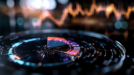 Futuristic circular trading interface with glowing neon indicators and stock market chart in background, modern financial technology visualization for business analytics.