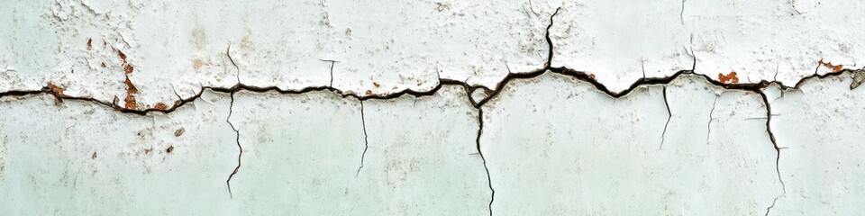 Obraz premium A close-up of cracked white paint on a concrete wall, with rust spots and peeling edges visible