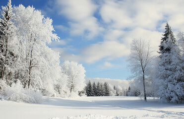 Obraz premium A snowy landscape with trees covered in white frost against a blue and cloudy sky in winter time