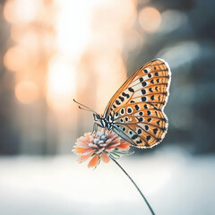 Obraz premium Butterfly on flower, sunset forest background, nature photography, perfect for websites or social media