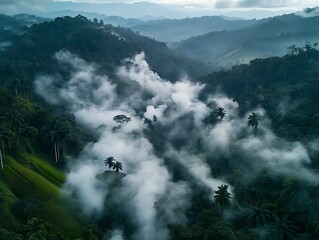 Fototapeta premium Overcast tropical mountain landscape with lush green vegetation and mist