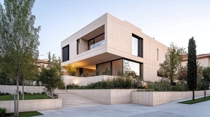 Modern, light-beige contemporary home with geometric design, featuring a layered facade, landscaped yard and outdoor seating area