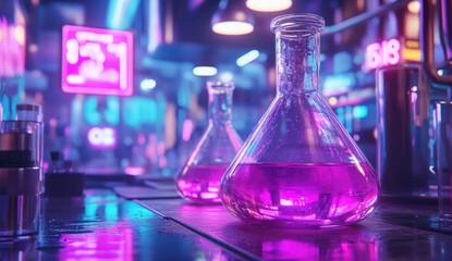 Futuristic laboratory with vibrant pink liquids in beakers